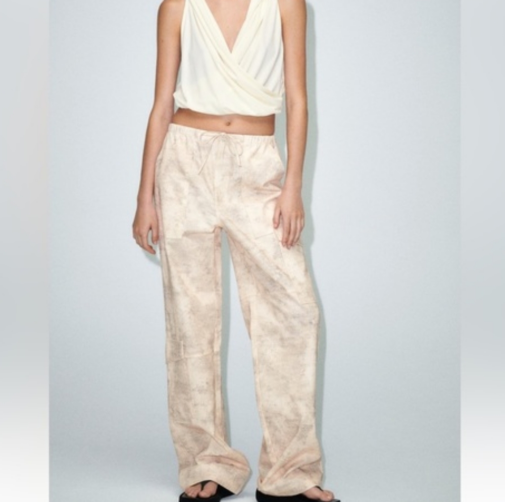XS‎ NWOT Zara Sand Wash Printed Cargo Drawstring Waist Pants